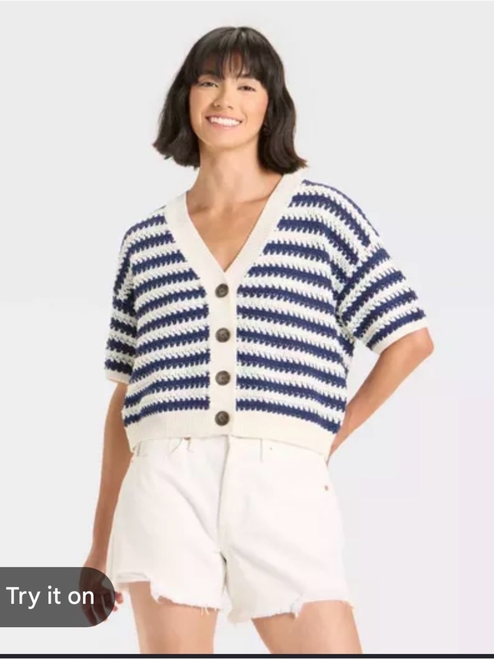 Universal Thread Navy & White Striped V-Neck Button Cardigan